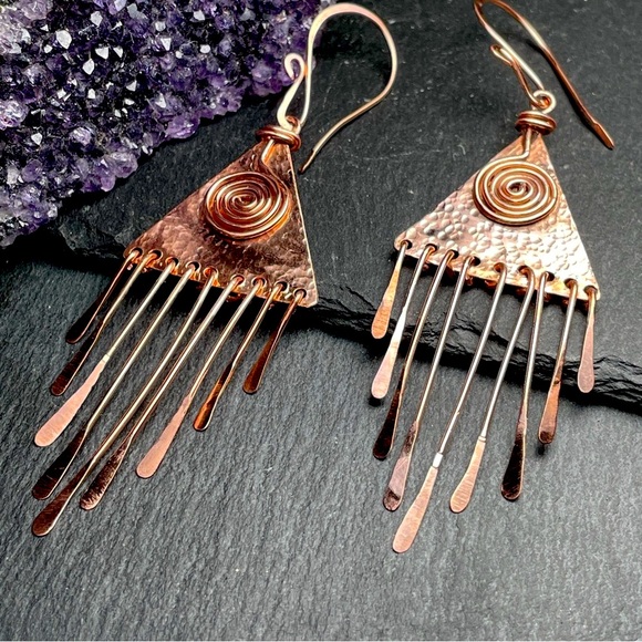 CCO REDUCED Artisan Designed Copper Fringe Dangle Fall Wardrobe Earrings - Picture 3 of 10